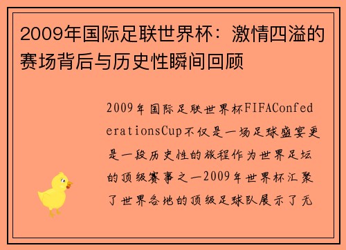 2009年国际足联世界杯：激情四溢的赛场背后与历史性瞬间回顾